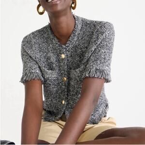 J. Crew Marled Yarn Cropped Fringe-Trim Lady Jacket Black Ivory Womens Size XL